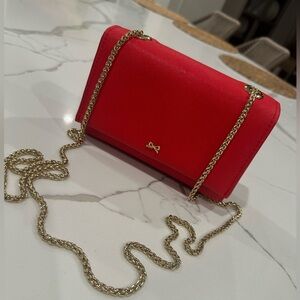 Red Saffiano Leather Chain Wallet Clutch - Gold Hardware
